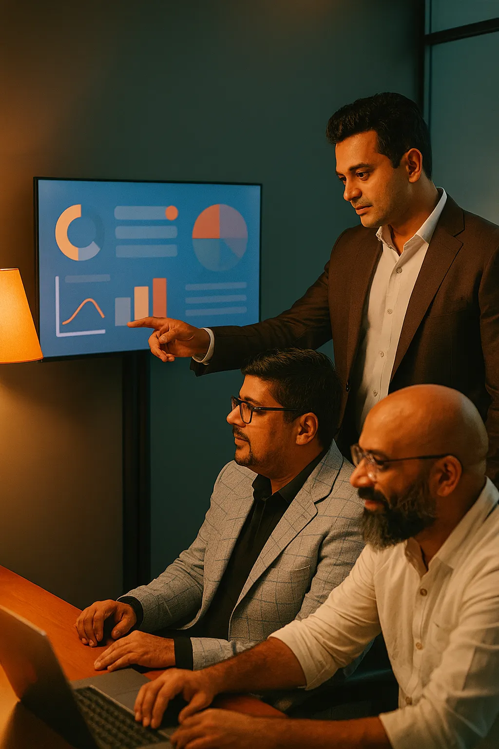 Wildnet Edge leaders Nitin Agarwal, Vidit Kumar and Amitesh Misra reviewing a product plan