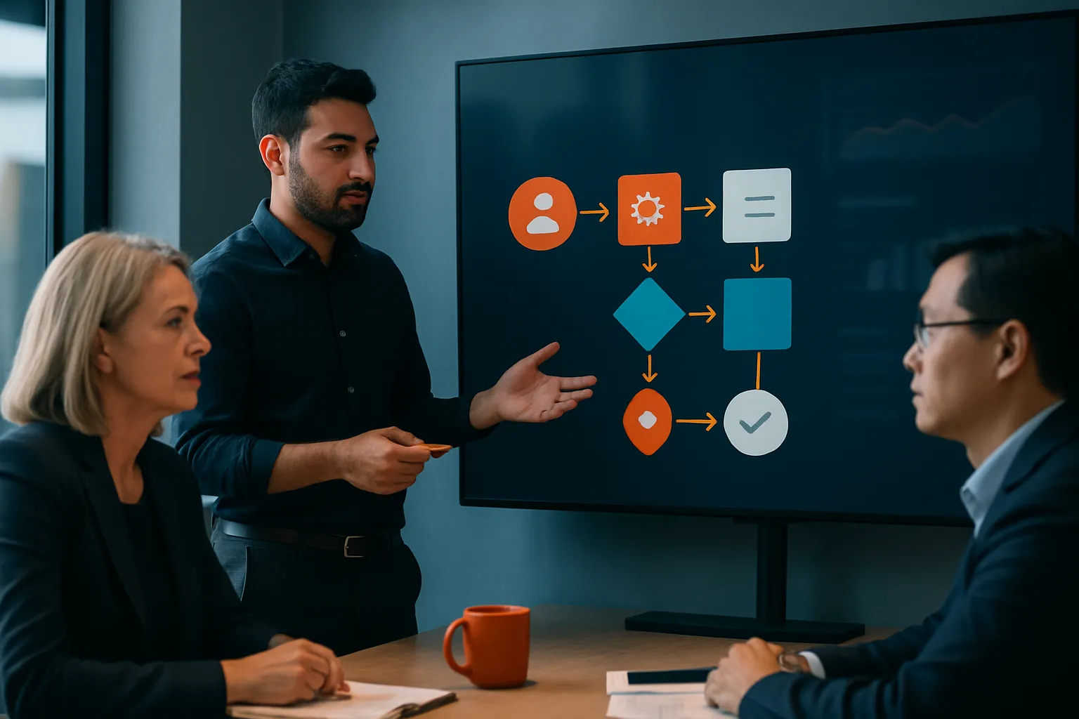 AI agent developer reviewing an automated workflow with operations leaders