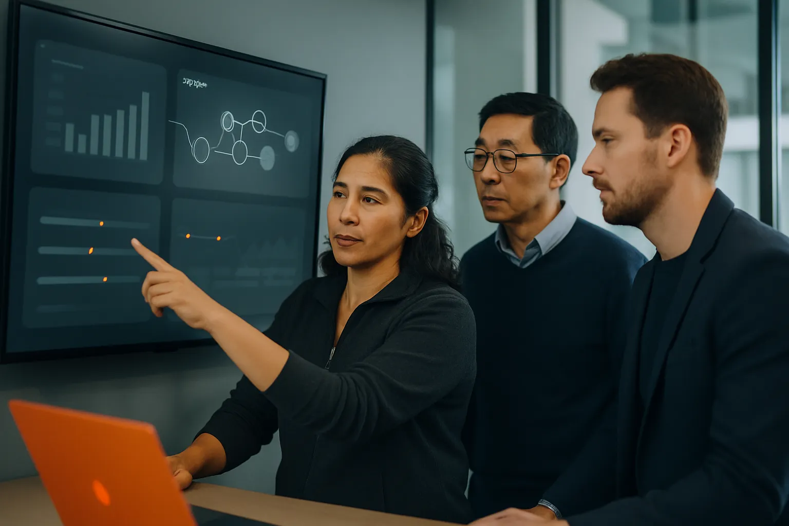 DevOps engineer reviewing pipeline results with engineering leaders