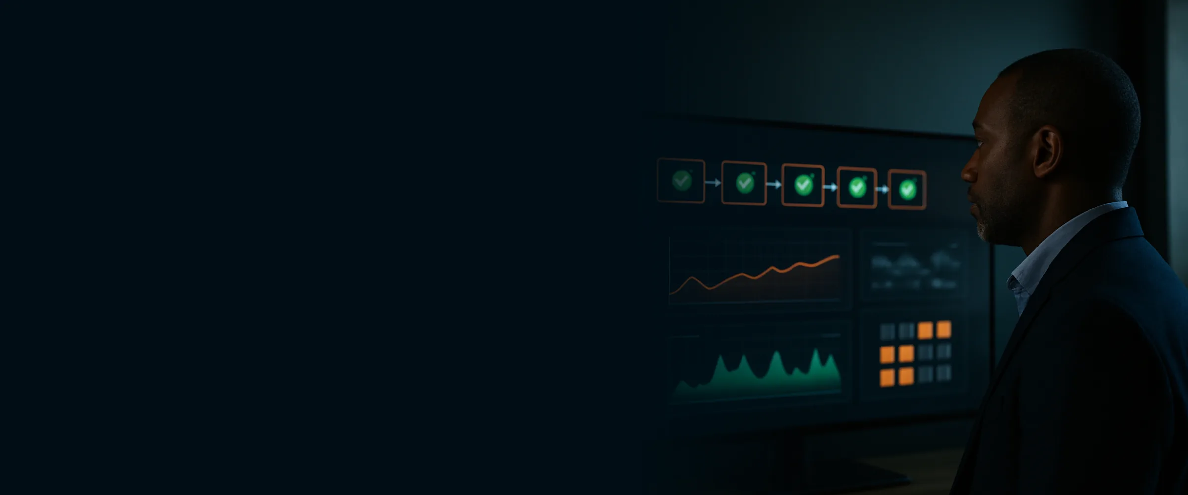 DevOps engineer monitoring a deployment pipeline and cloud dashboards