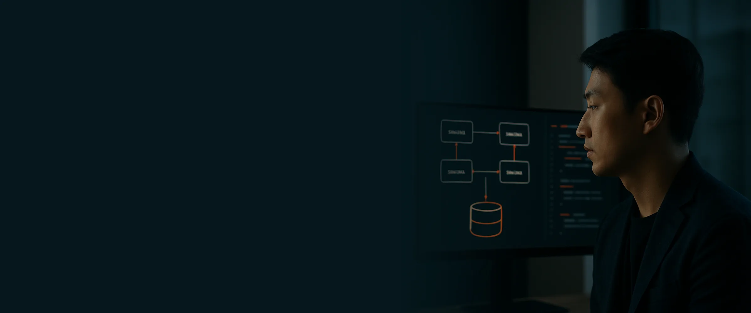 Software developer reviewing an application architecture on a large screen