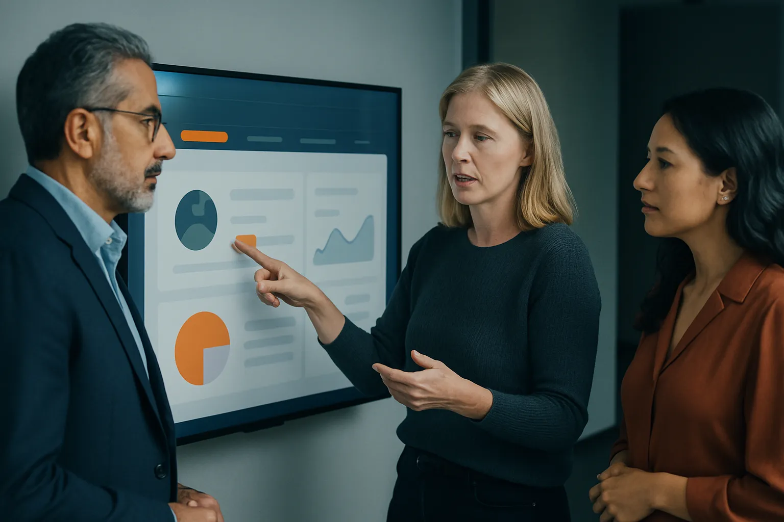 Web app developer walking stakeholders through a staging site
