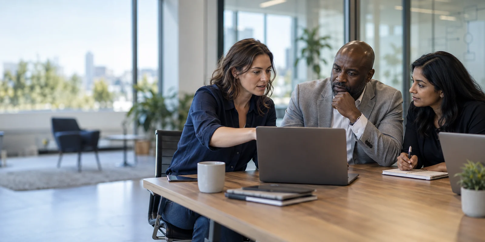 Engineer collaborating with client leaders on a software workflow